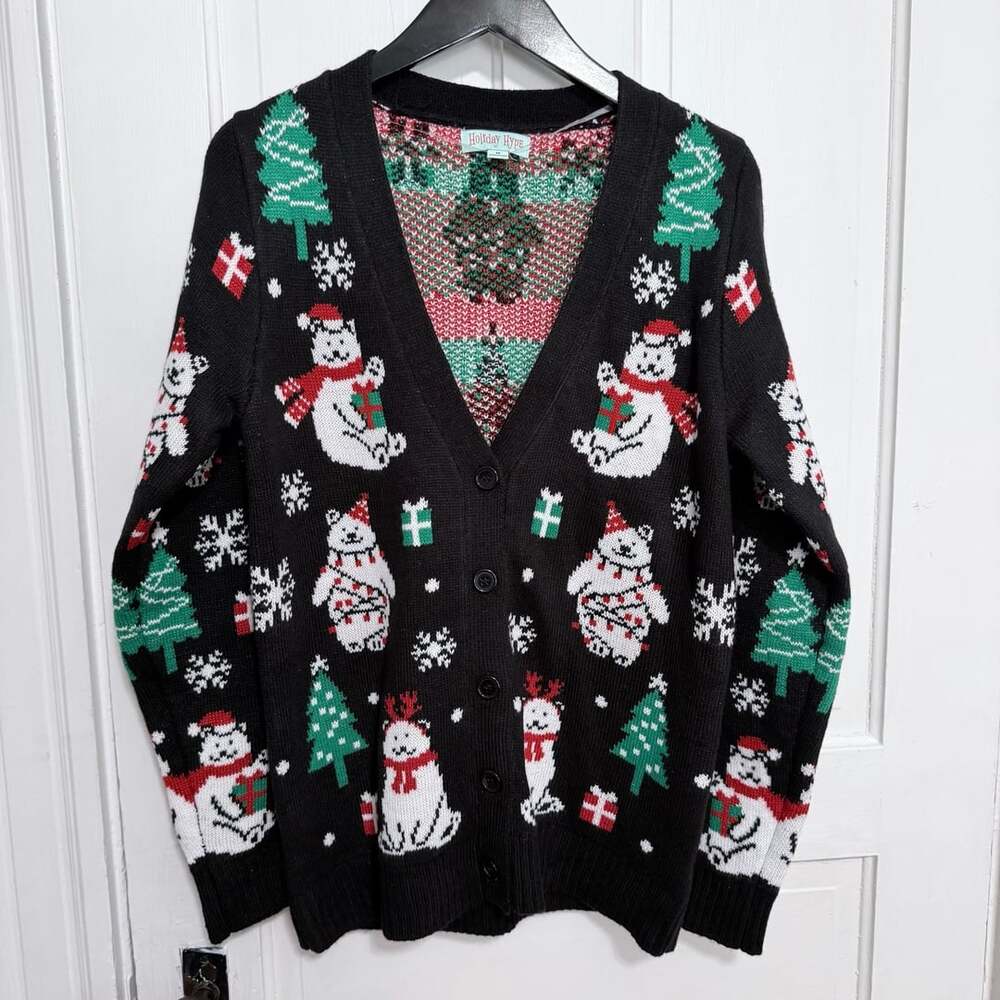 Holiday Hype Women's Ugly Christmas Sweater Cardigan Black Polar Bear Size M